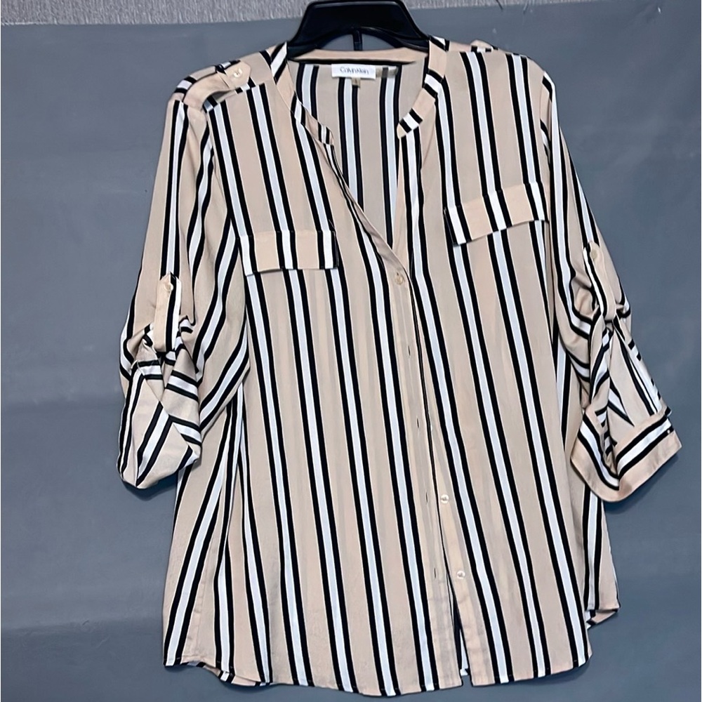 Calvin Klein Cream Black Stripe Long Sleeve Button Blouse Size M Workwear Top